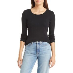 Caslon Scoop Neck Long Sleeve Cotton Knit Top Black Size Small NWOT $25 MSRP